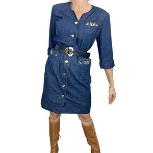 Vintage 80s 90s dark denim padded shoulder beaded embroidered shirt dress 8